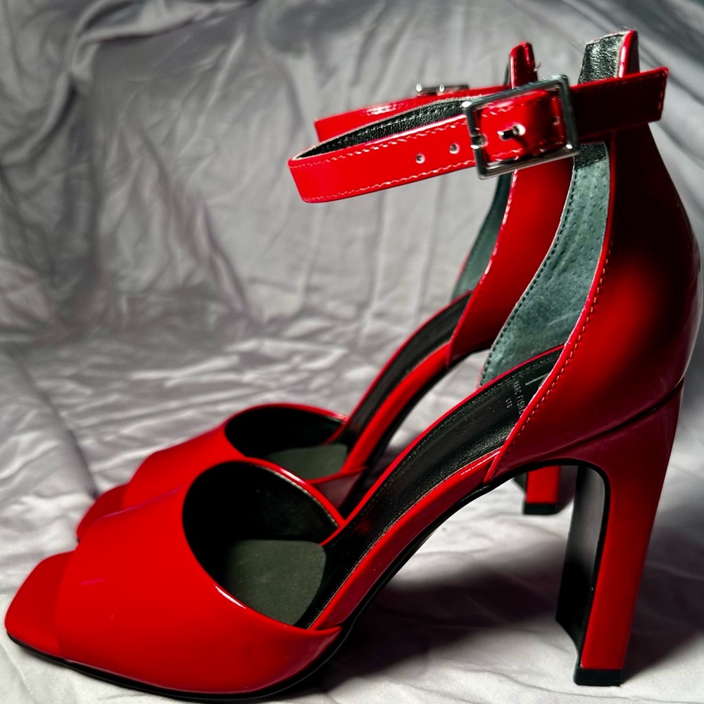 Mark Fisher red patent leather open toe heels with ankle strap. 6.5